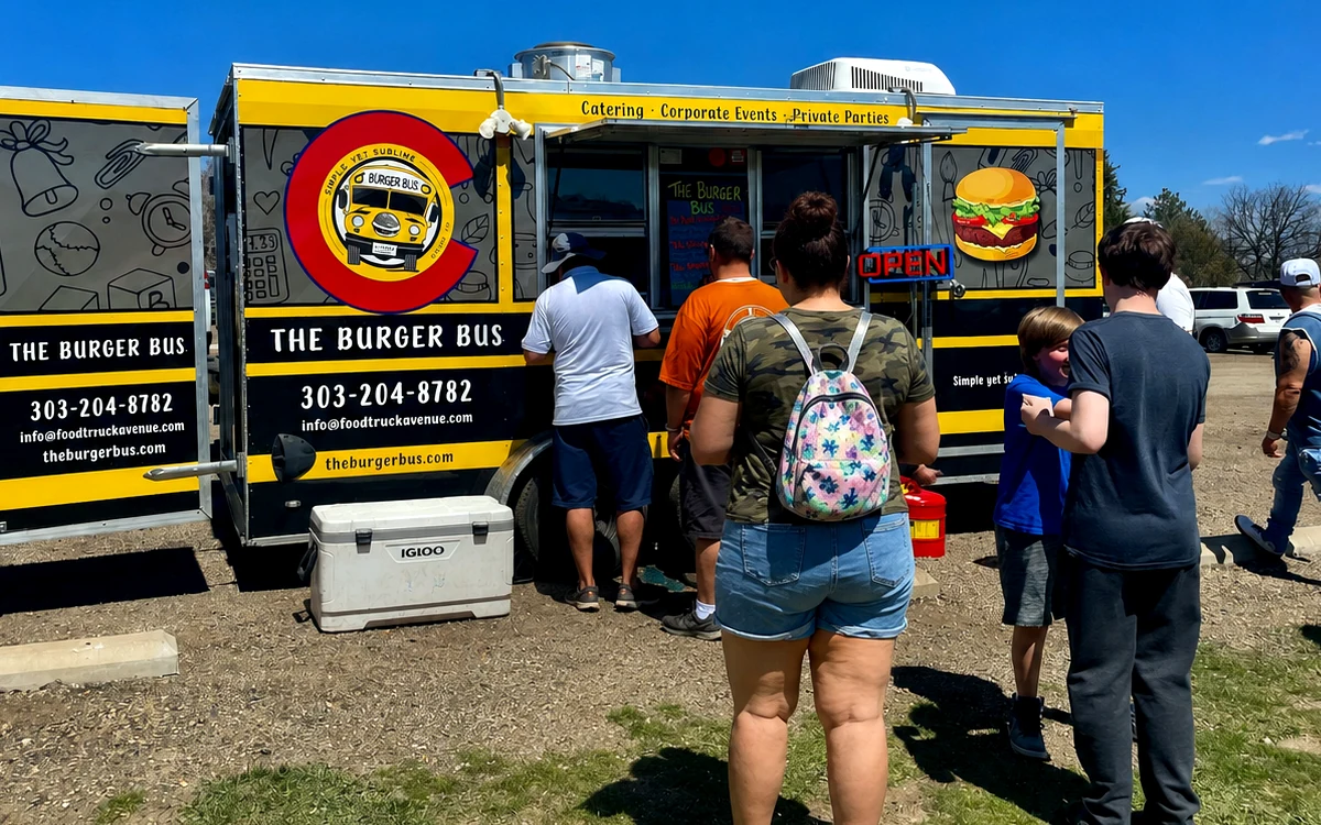 The Burger Bus service window with guests ordering at the truck
